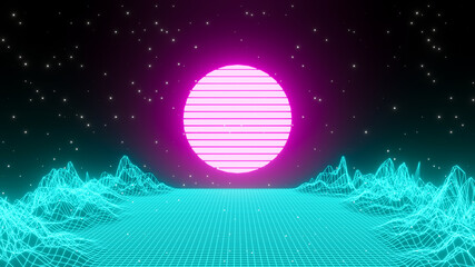 80s retro background. futuristic landscape city night with sun and mountain. Neon light future of the 1980s style. 3d render of banner.
