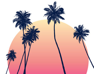 Sketchy illustration of palm trees at sunset. Hand-drawn rough texture. Vector background.