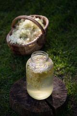 home made elderflower syrup with lemon in the glass