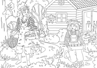 Cute gardener girls and landscape with garden, trees, flowers, garden house and path. Black and white cartoon vector illustration