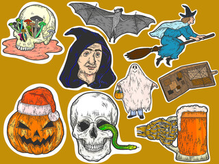 Stickers. Halloween big set, sketch drawings. Color scratch board imitation.