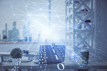 Double exposure of data theme drawing and office interior background. Concept of technology.