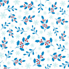 Winter seamless pattern with snowflakes, Christmas holly and mistletoe leaves and berries on white background. Print for holiday wrapping paper, fabric, New Year concept. Vector flat design