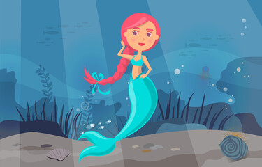 Obraz na płótnie Canvas Sea adventure with marine wild nature, mermaid and fishes. Underwater life of sea creatures. Girl with fish tail and long hair smiles and swims in blue water. Cartoon nautical character lives in ocean