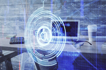 Multi exposure of data theme drawing and office interior background. Concept of technology.