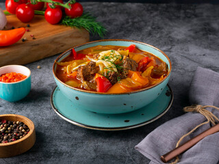 fresh lagman soup with vegetables tomato in the bowl 