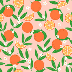 Summer seamless pattern of oranges with green leaves and white flowers on a beige background
