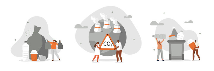 Earth pollution scenes. People holding CO2 warning sign near planet earth with smoking power plant pipes and collecting plastic trash in garbage bin. Flat cartoon vector illustration and icons set.
