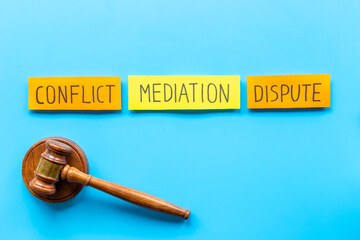 Word mediation with judge gavel. Conflict and dispute resolve concept