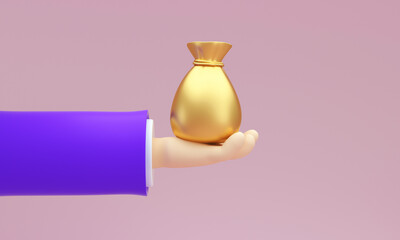 Sack of golden money in a man's hand. Bank concept.