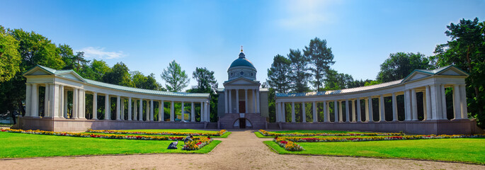 The temple-tomb (Colonnade) in the Arkhangelskoye Estate Museum. Arkhangelskoye, Moscow Region, Russia, August 2021