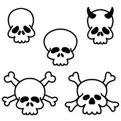 vector set of cute cartoon skulls, linear drawing