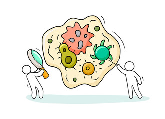 man hold magnifier and see many bacterias