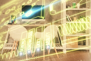 Double exposure of education theme drawing and office interior background. Concept of science.