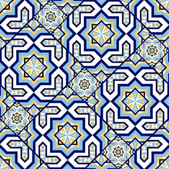 Foto auf Acrylglas Portuguese tile pattern vector seamless parquet with mosaic arabesque motif. Moroccan ceramic, mexican talavera, lisbon, spanish azulejo, italian sicily majolica, mediterranean texture design. © irinelle