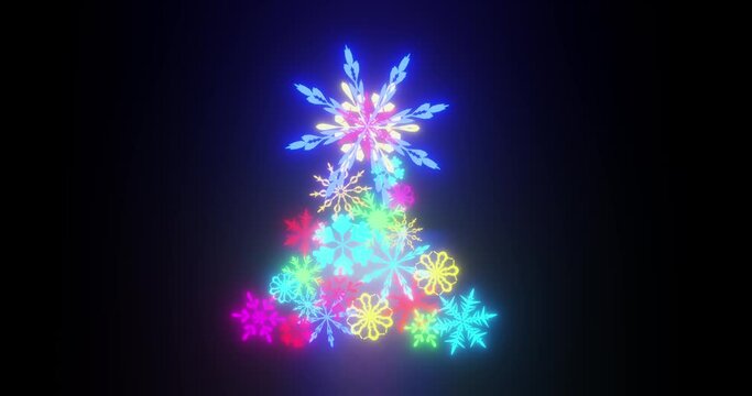 Christmas tree of different colored glowing and spinning in different directions snowflakes on a black background. White snow flies at an angle, neon light, festive colored background, new year, Chris