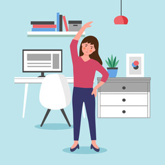 Businesswoman doing exercise in office concept vector illustration. Office syndrome prevention. Stretching exercise.