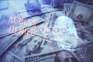 Double exposure of finger print scan drawing over usa dollars bill background. Concept of security of safe access.