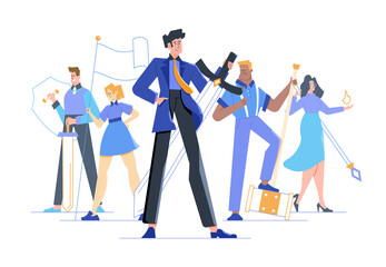Team of colleagues with weapons in their hands. Men and women of different nationalities in business suits with a sword, shield, flag. Teamwork and Leadership. Vector flat concept illustration.