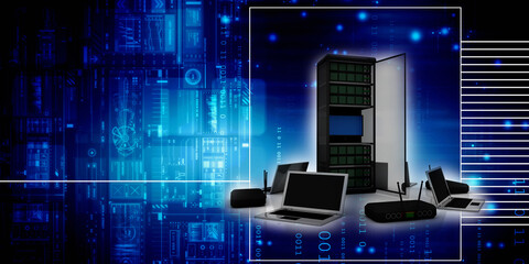 Naklejka premium 3d illustration Data center server connected computer modem network 