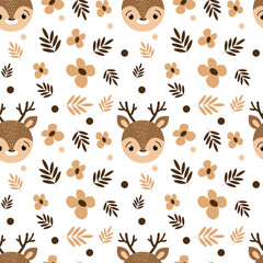 Vector seamless pattern with animals face deer in Scandinavian style for fabrics, paper, textile, gift wrap isolated on white background