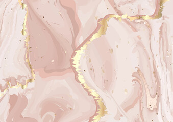 Liquid marble texture. Beautiful poster with pink lines, spots and gold flecks. Design for decorating walls, adding backgrounds and printing on tiles. Modern realistic flat vector illustration