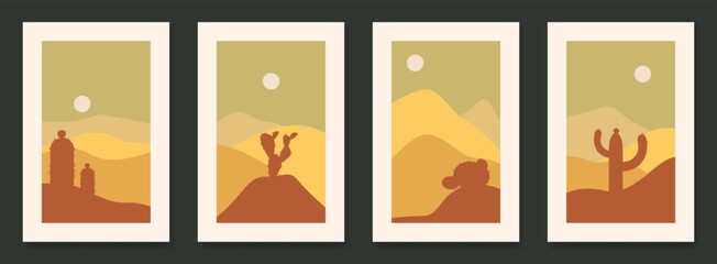Set of 4 contempory landscape with cactus posters with cactus vector illustration © Dede