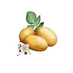 Potatoes or Solanum tuberosum isolated on white background. Organic healthy food. Brown vegetable. Hand drawn plant closeup. Clip art illustration. Graphic design element. Digital art illustration.