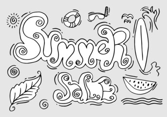 Hand lettering Summer Sale with lemon sliced and leaf. Decorative illustration for banner, print, poster.