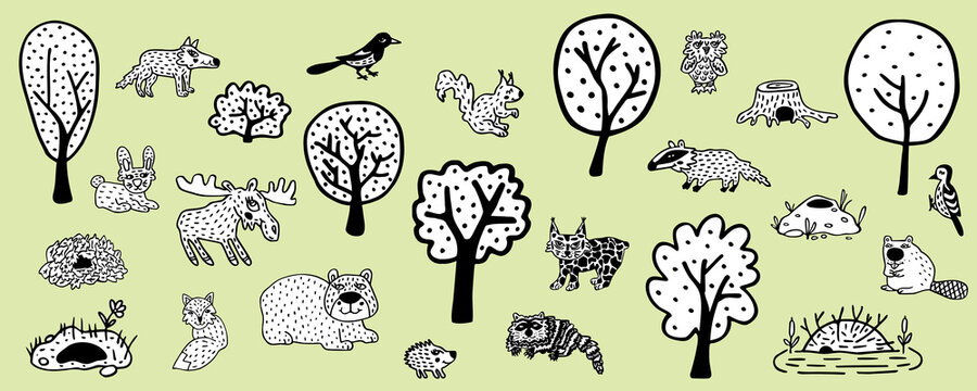 Forest animals set. Cartoon beasts, birds, trees. Cute characters of wildlife. Black doodles of nature. Hand-drawn brutes: bear, elk, fox, wolf, hare, badger, raccoon, squirrel, lynx, beaver, magpie.