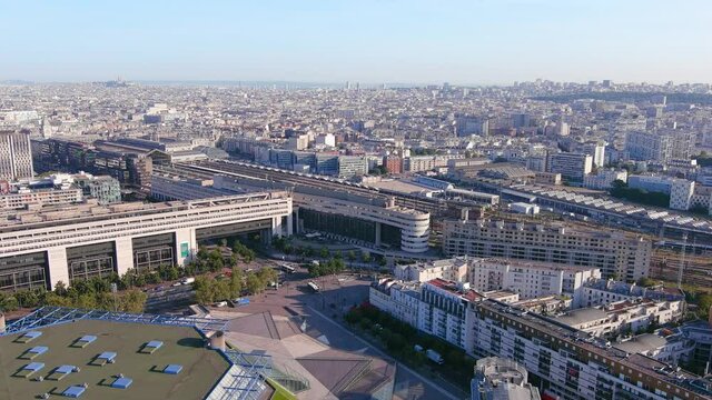 Paris: Aerial view of capital city of France, park Bercy (Parc de Bercy) and river Seine at sunrise - landscape panorama of Europe from above
