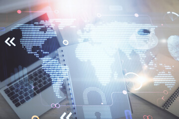 Obraz premium Double exposure of woman hands working on computer and world map hologram drawing. International technology business concept.