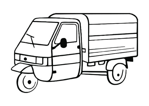 Auto rickshaw tuk-tuk transport sketch engraving raster illustration. T-shirt apparel print design. Scratch board style imitation. Black and white hand drawn image.