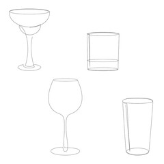 One line empty cocktail glass set. Margarita, old fashioned glass or rocks, wineglass and highball or tumbler. Drinks menu one stroke design. Vector illustration.