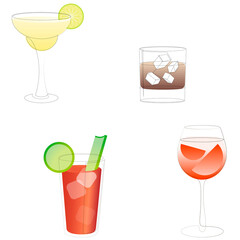 Set of line cocktail margarita, white russian or whiskey with ice, bloody mary and aperol spritz drawing on white background. Vector illustration.