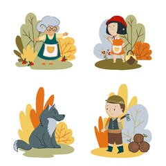 Vector set of fairytale characters Red riding hood. Grandma, wolf and lumberjack 