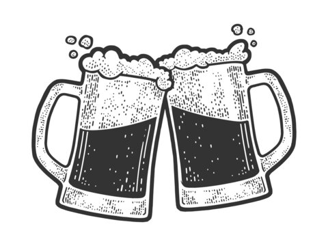 Beer clink mug glasses party sketch engraving vector illustration. T-shirt apparel print design. Scratch board imitation. Black and white hand drawn image.