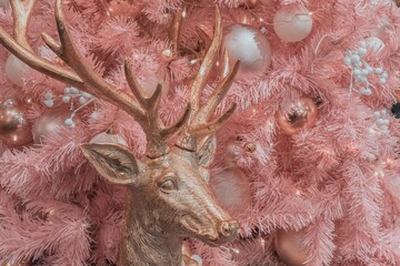 Fairy pink gilded deer on the background of a pale pink artificial Christmas tree with various white pink colored decorative balls. Festive christmas backdrop