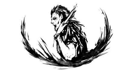 Obraz premium Dirty tattoo sketch.The guy holds a sharp blade in his hand and has a cape on his shoulders.he has sharp hair and a grin.under it is a semicircle of sharp spikes.2d art.