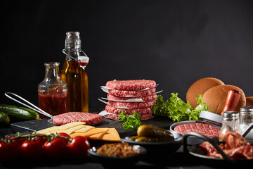 Ingredients for preparing tasty hamburgers in a restaurant