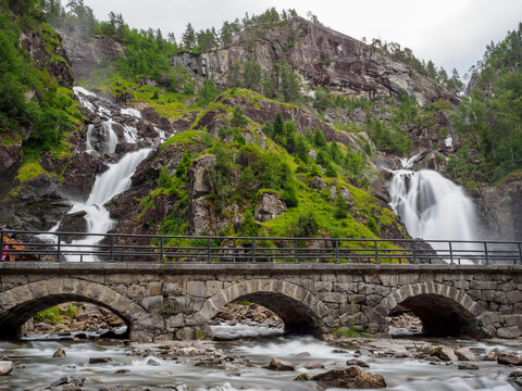 View on Langfossen waterfall in summer, Etne, Norway