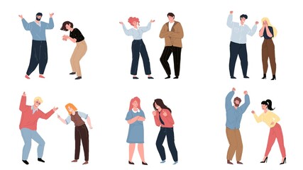 Set of vector cartoon flat quareling couple of characters in various aggressive moods,different persons and poses.Communication,anger management and social behavior concept,web site banner ad design