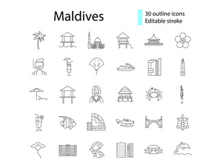 Fototapeta na wymiar Maldives culture outline icons set. Exotic travel guide. Tropical resort. Editable stroke. Isolated vector illustration