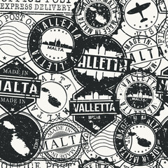 Valletta, Malta Stamps Background. A City Stamp Vector Art. Set of Postal Passport Travel. Design Set Pattern.