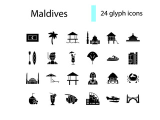 Maldives islands glyph icons set. Famous sightseeings. Jet ski and flag. Tropical resort. Isolated vector illustration