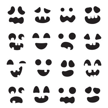 Set of carved silhouettes faces pumpkins. Template with variety of eyes and mouths for cut out jack o lantern. Scary and funny faces of Halloween pumpkin. Black icons isolated on a white background.