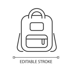 Schoolbag linear icon. Bag for carrying books and stationery items. Backpack for school. Thin line customizable illustration. Contour symbol. Vector isolated outline drawing. Editable stroke