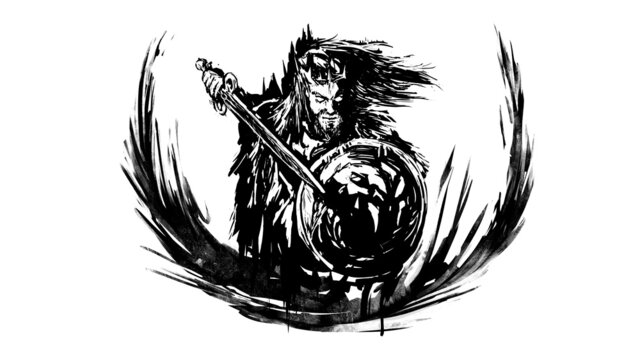 A dirty tattoo sketch of the silhouette of the king, he has a crown on his head, and in his hands a sword and a shield with a lion.under it is a semicircle of sharp spikes.2d art