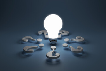 Glowing light bulb in a circle of question marks on a blue background. Idea concept. 3D rendering.