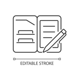 Portfolio folder linear icon. Keeping paper documents safely. Carrying papers, drawings in case. Thin line customizable illustration. Contour symbol. Vector isolated outline drawing. Editable stroke